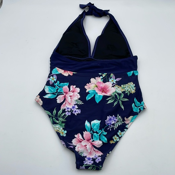 CUPSHE Blue Floral Plunge‎ Halter Tie Neck Tummy Control One-Piece Swimsuit - Picture 7 of 13